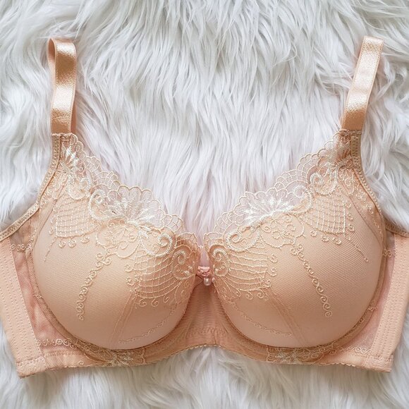 High support peach and white floral embroidery lace bra - Picture 2 of 4